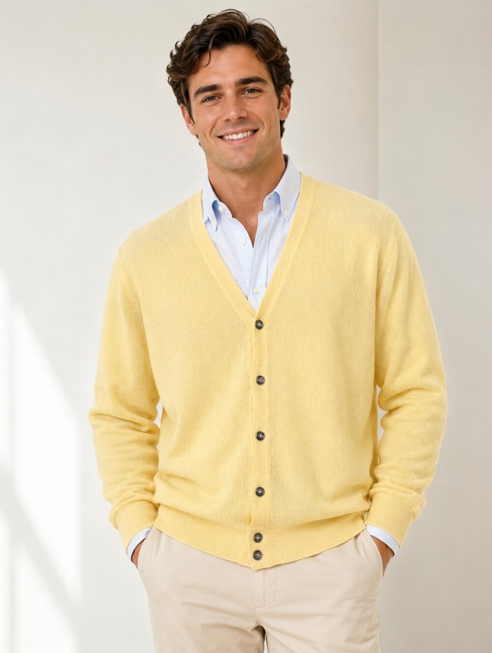 L.L.Bean Men’s Yellow Cotton Knit Cardigan Sweater Preppy Button Front Grandpa L